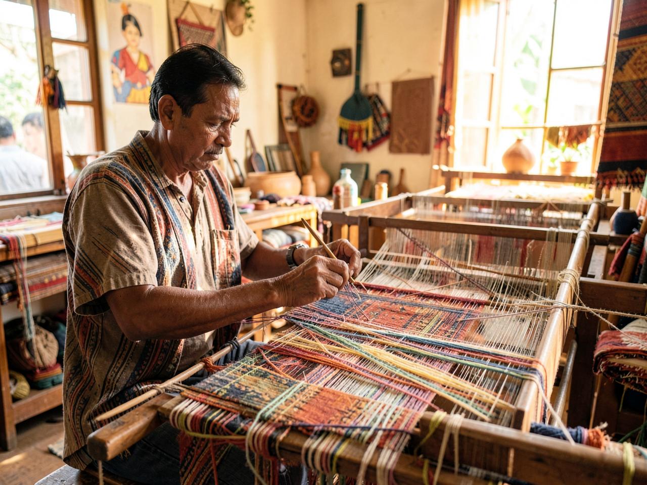 Artisan weaving textile on a traditional loom