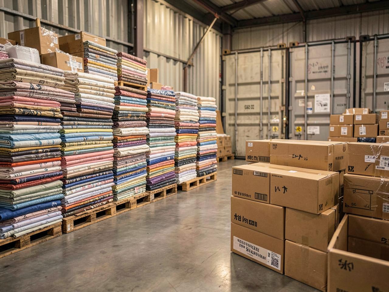 Warehouse with folded textiles and cartons ready for export